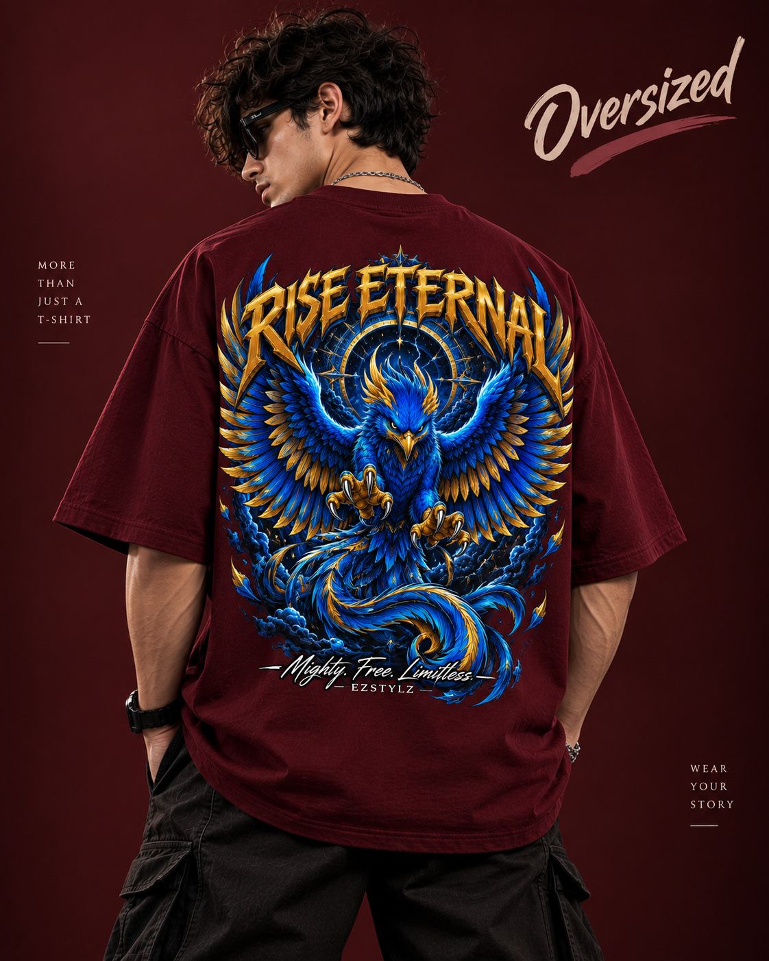 Rise Eternal Oversized Graphic Tee — Black,Dark Maroon