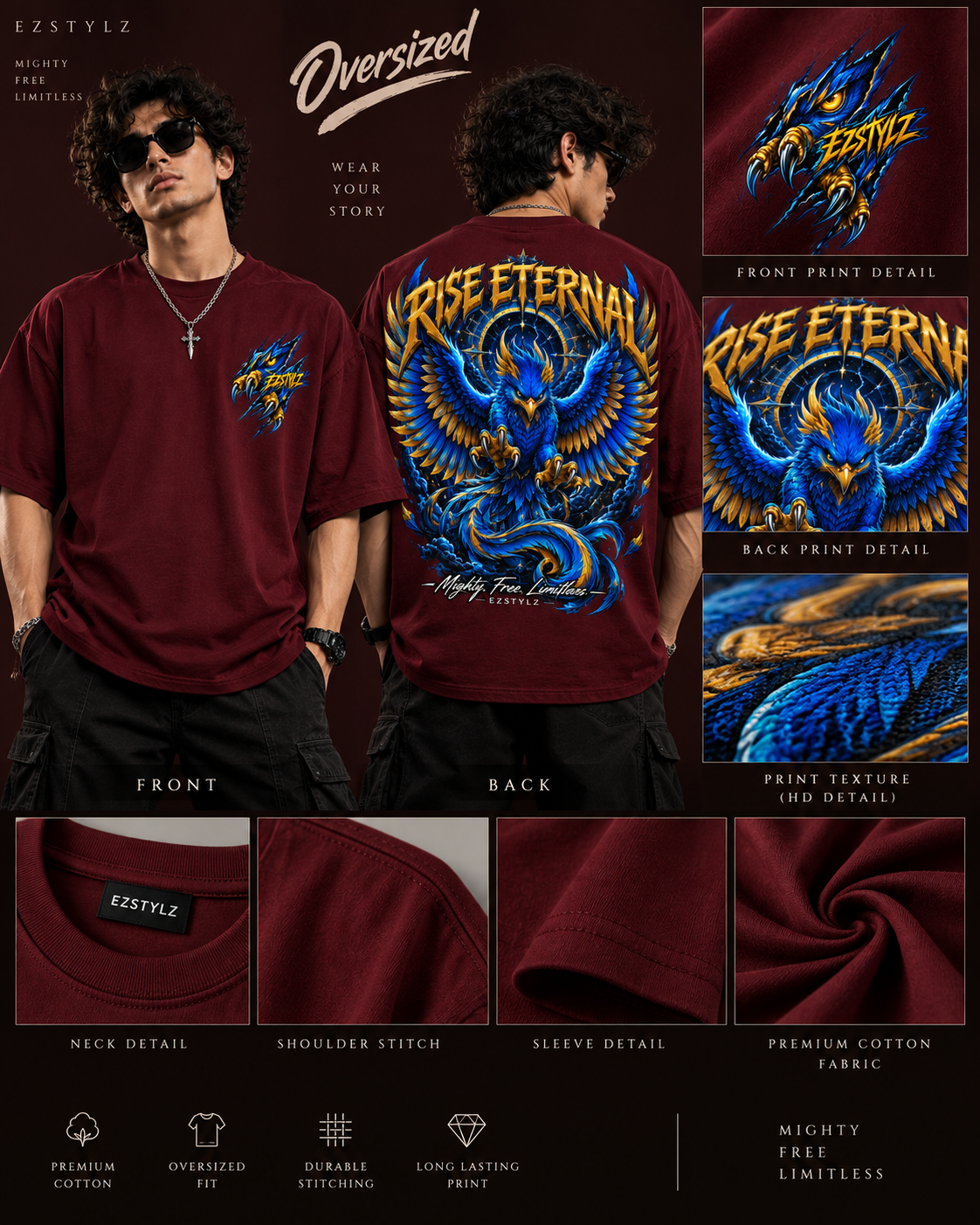 Rise Eternal Oversized Graphic Tee — Black,Dark Maroon